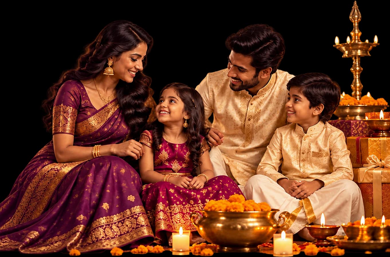 A family dressed for Deepavali, the mother in a purple and gold silk saree, the daughter in a matching pavadai, and the father and son in cream kurtas, sitting among lit diyas, marigolds and a brass lamp